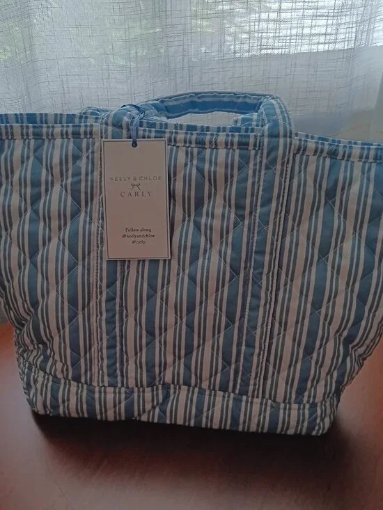 NWT Neely & Chloe Sky Blue & White Striped Cotton Tote with Insert Clutch - Picture 10 of 13